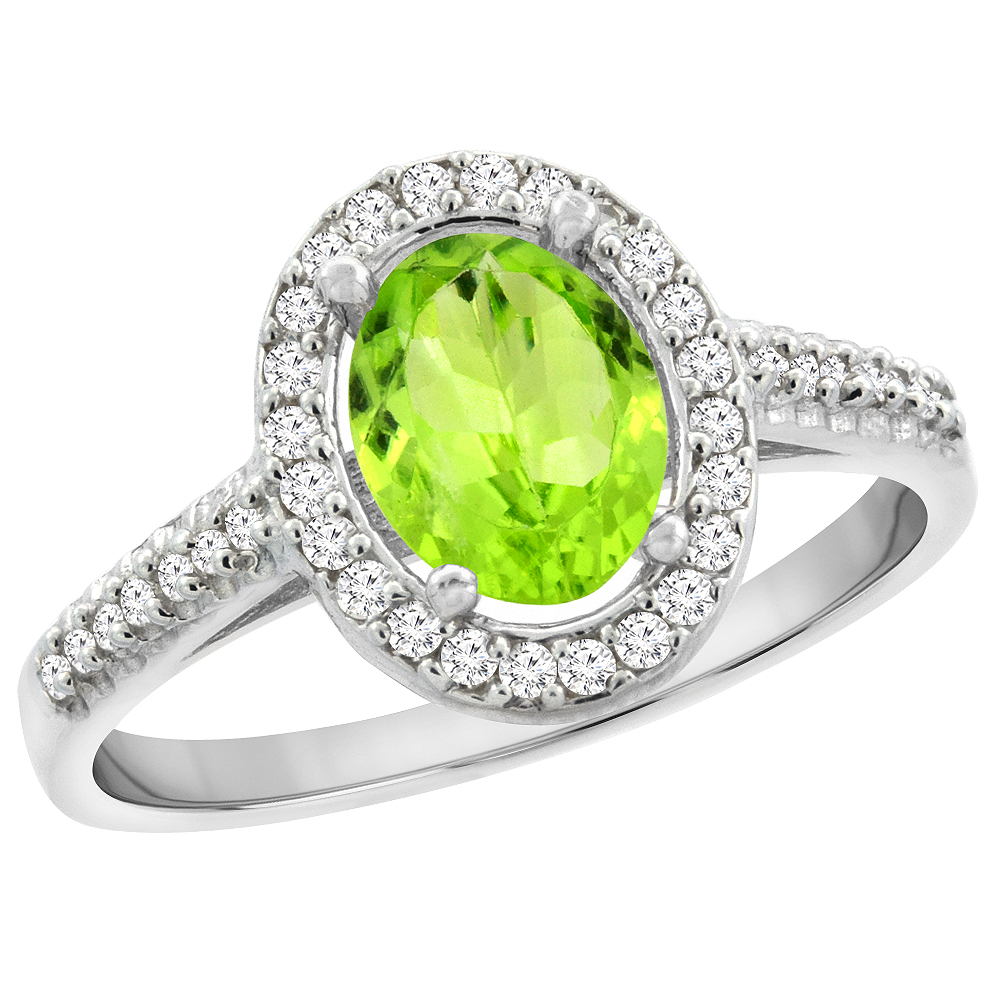 10K White Gold Natural Peridot Engagement Ring Oval 7x5 mm Diamond Halo, sizes 5 - 10