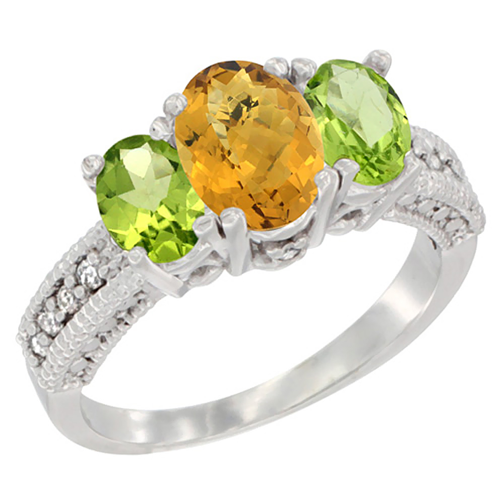 14K White Gold Diamond Natural Whisky Quartz Ring Oval 3-stone with Peridot, sizes 5 - 10