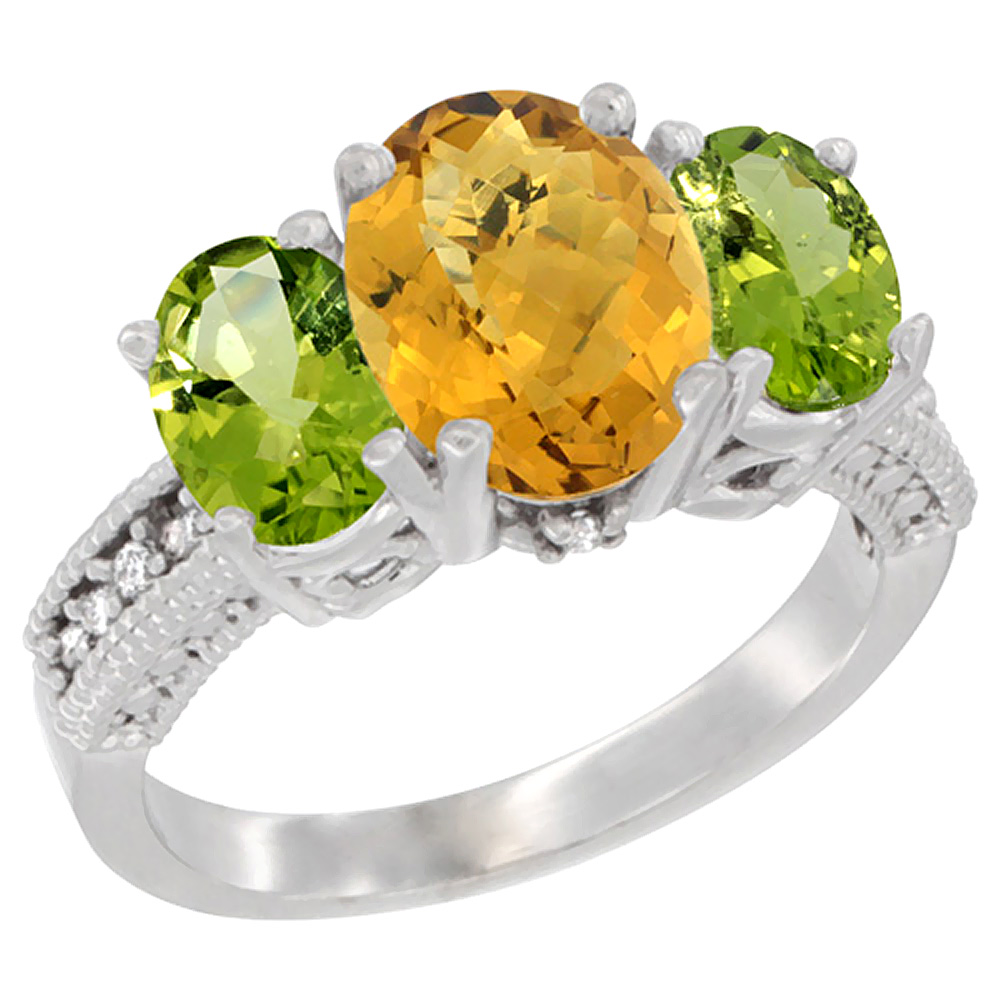 14K White Gold Diamond Natural Whisky Quartz Ring 3-Stone Oval 8x6mm with Peridot, sizes5-10