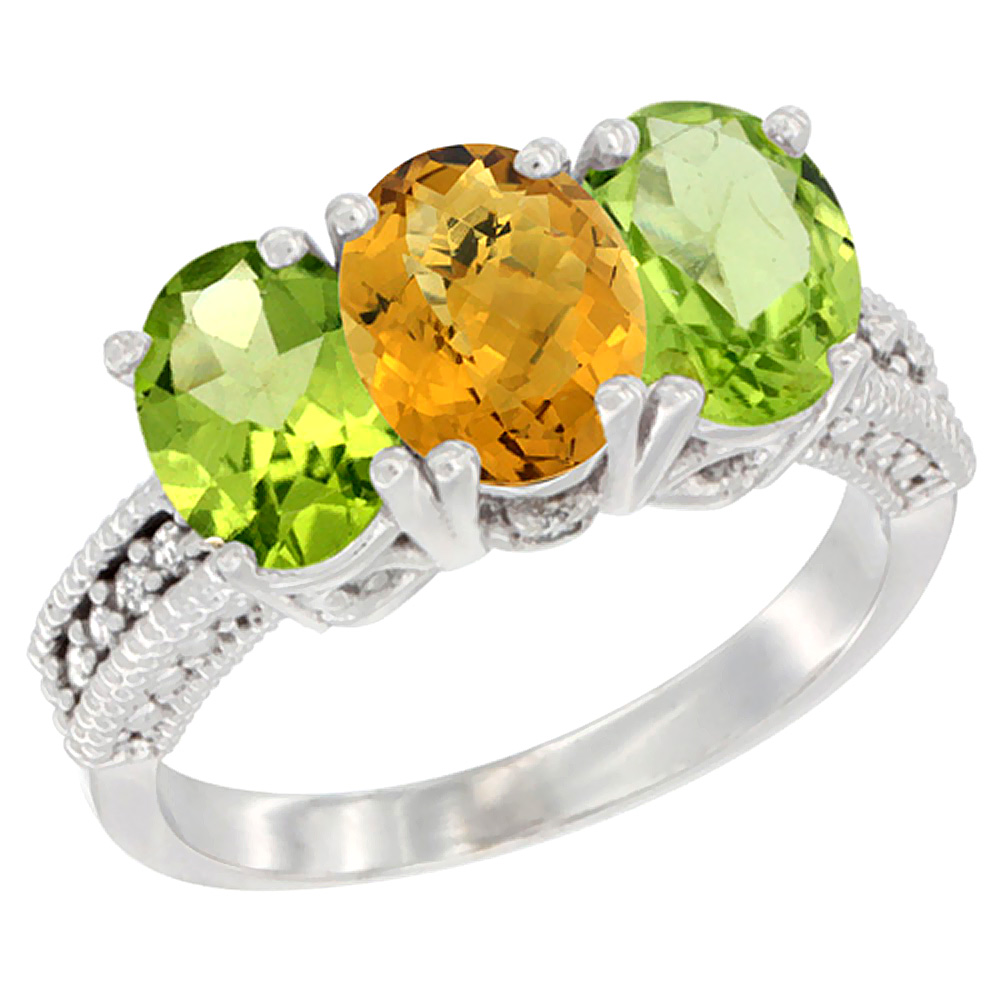 14K White Gold Natural Whisky Quartz &amp; Peridot Sides Ring 3-Stone Oval 7x5 mm Diamond Accent, sizes 5 - 10