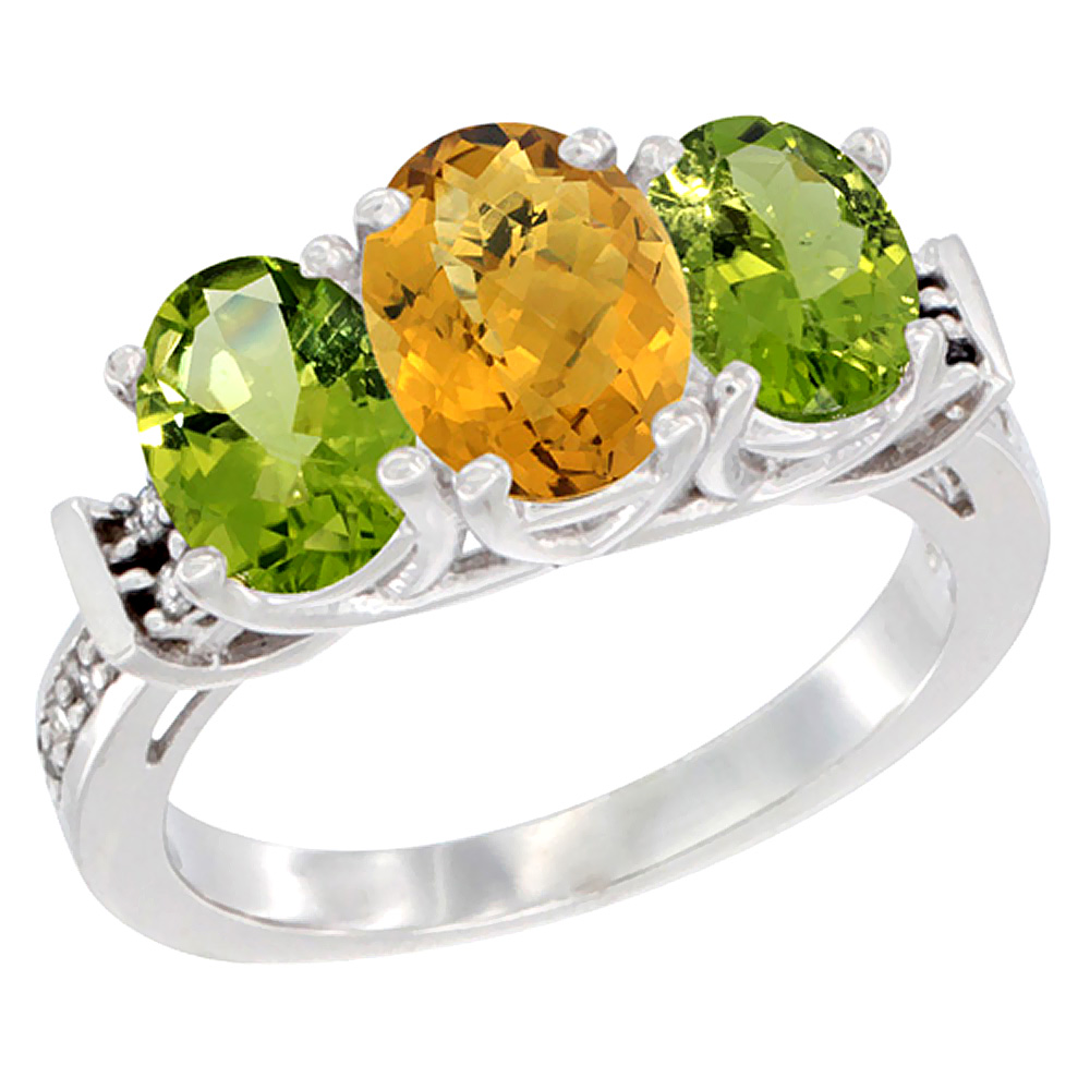 14K White Gold Natural Whisky Quartz &amp; Peridot Sides Ring 3-Stone Oval Diamond Accent, sizes 5 - 10