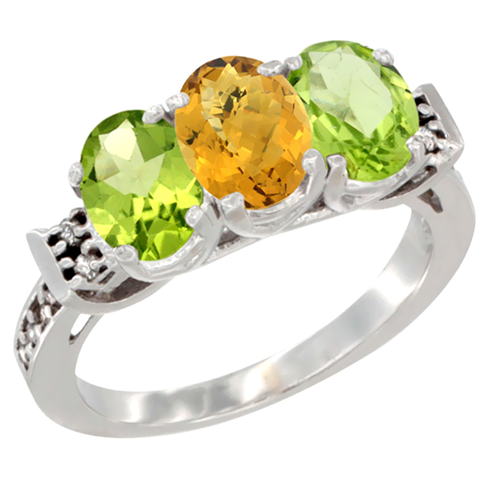 14K White Gold Natural Whisky Quartz & Peridot Sides Ring 3-Stone Oval 7x5 mm Diamond Accent, sizes 5 - 10