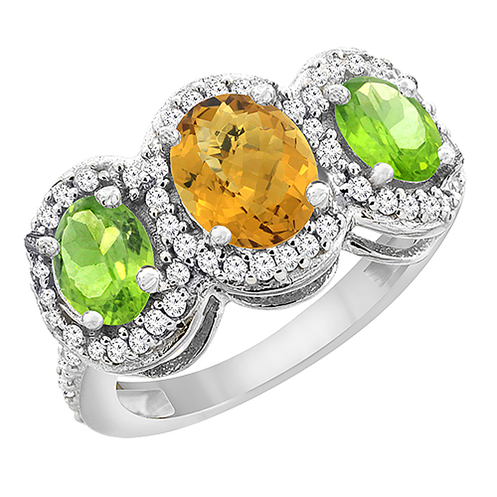 14K White Gold Natural Whisky Quartz & Peridot 3-Stone Ring Oval Diamond Accent, sizes 5 - 10