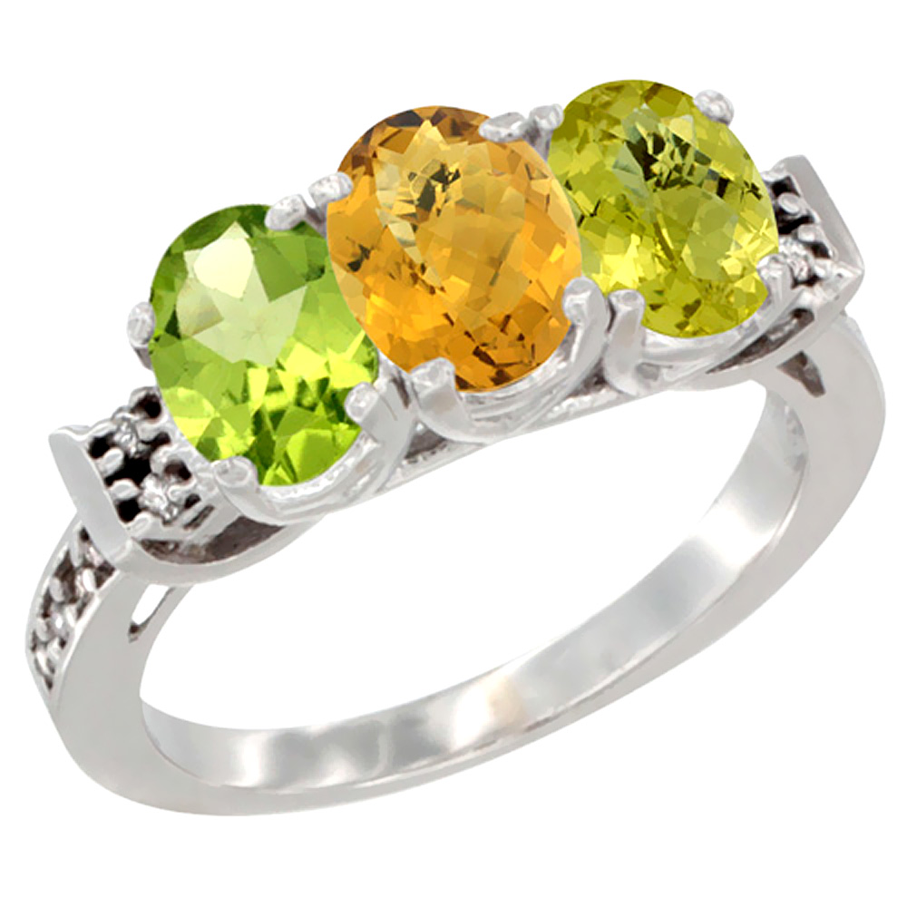 14K White Gold Natural Peridot, Whisky Quartz & Lemon Quartz Ring 3-Stone Oval 7x5 mm Diamond Accent, sizes 5 - 10