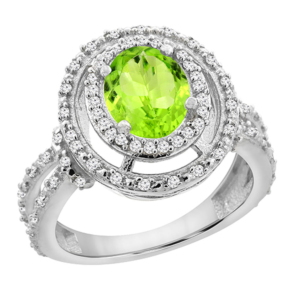 10K White Gold Natural Peridot Ring Oval 8x6 mm Double Halo Diamond, sizes 5 - 10