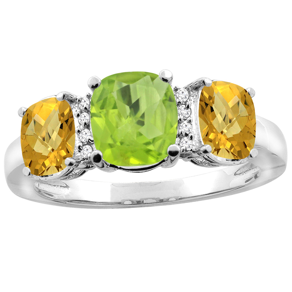 10K White Gold Natural Peridot & Whisky Quartz 3-stone Ring Cushion 8x6mm Diamond Accent, sizes 5 - 10