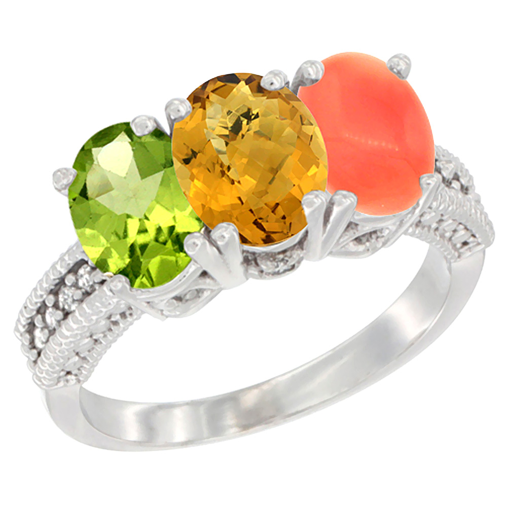 10K White Gold Natural Peridot, Whisky Quartz &amp; Coral Ring 3-Stone Oval 7x5 mm Diamond Accent, sizes 5 - 10