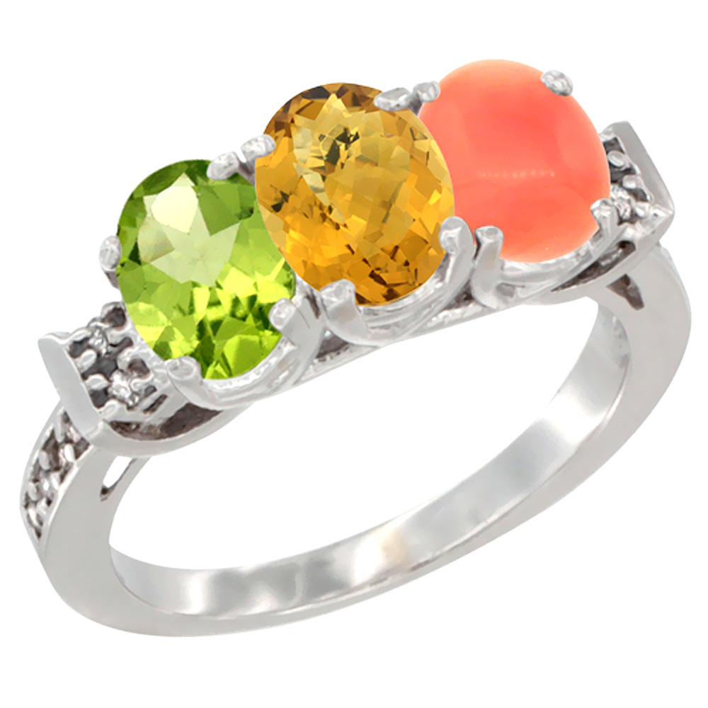 14K White Gold Natural Peridot, Whisky Quartz & Coral Ring 3-Stone Oval 7x5 mm Diamond Accent, sizes 5 - 10