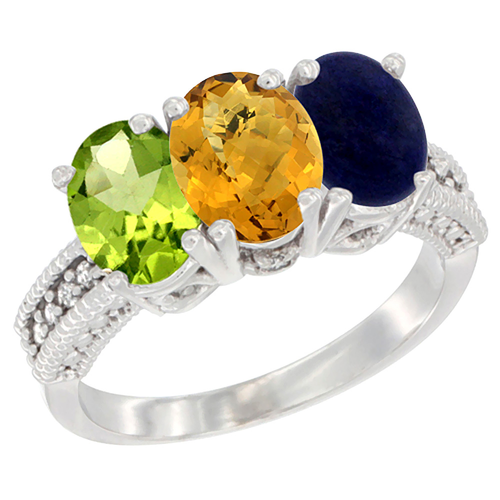 10K White Gold Natural Peridot, Whisky Quartz &amp; Lapis Ring 3-Stone Oval 7x5 mm Diamond Accent, sizes 5 - 10