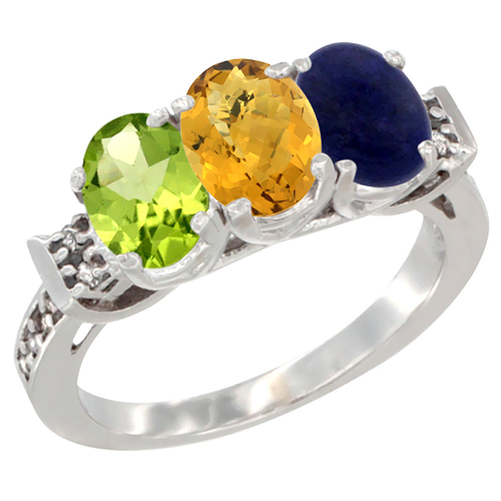 14K White Gold Natural Peridot, Whisky Quartz & Lapis Ring 3-Stone Oval 7x5 mm Diamond Accent, sizes 5 - 10