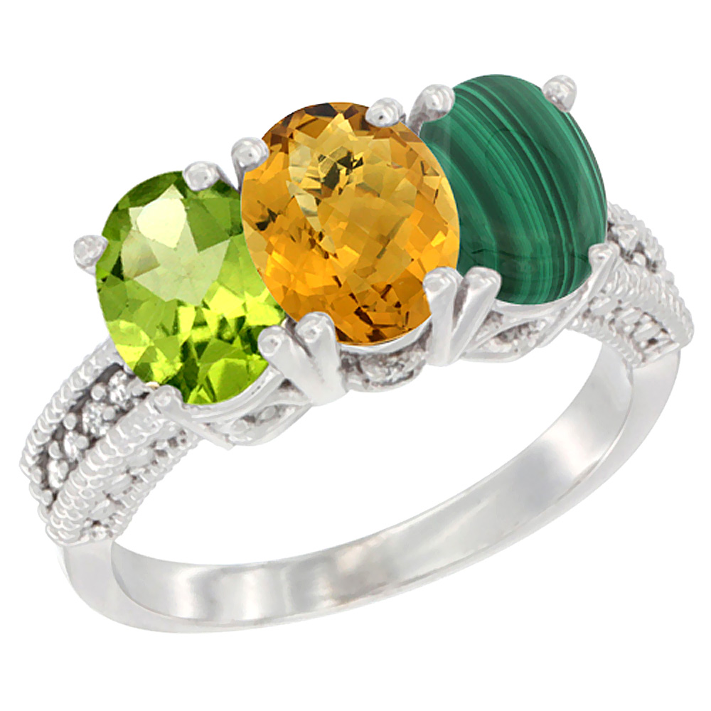 14K White Gold Natural Peridot, Whisky Quartz & Malachite Ring 3-Stone Oval 7x5 mm Diamond Accent, sizes 5 - 10