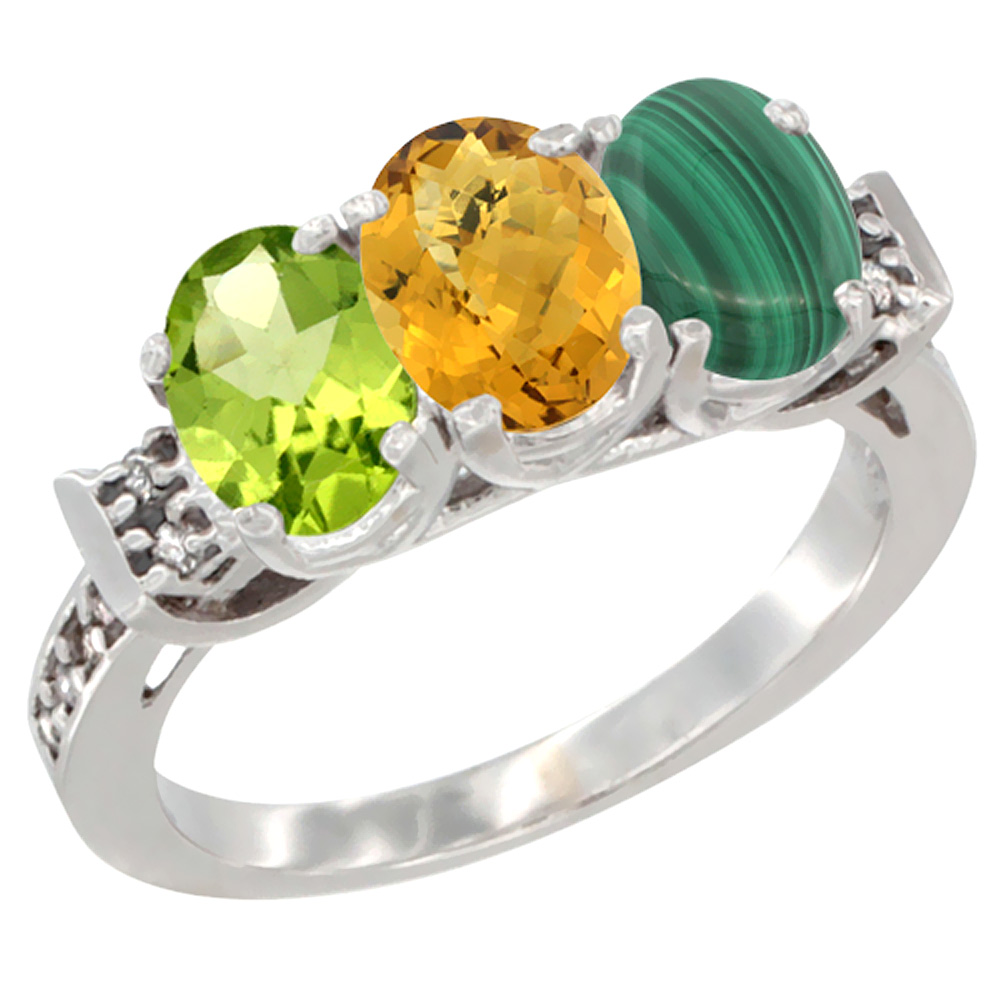 14K White Gold Natural Peridot, Whisky Quartz & Malachite Ring 3-Stone Oval 7x5 mm Diamond Accent, sizes 5 - 10