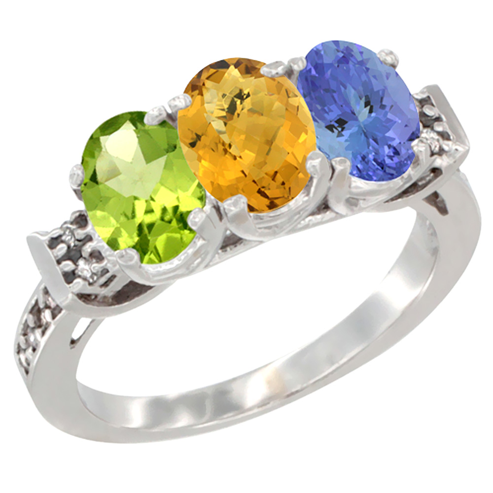 14K White Gold Natural Peridot, Whisky Quartz & Tanzanite Ring 3-Stone Oval 7x5 mm Diamond Accent, sizes 5 - 10