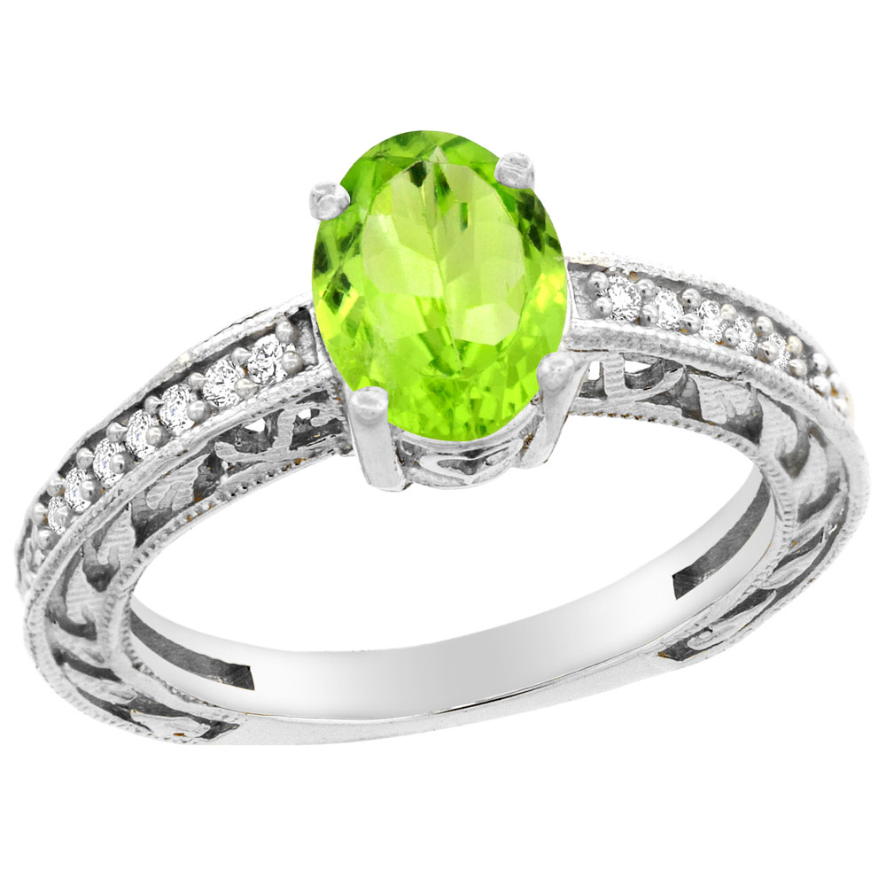 14K Gold Natural Peridot Ring Oval 8x6 mm Diamond Accents, sizes 5 - 10