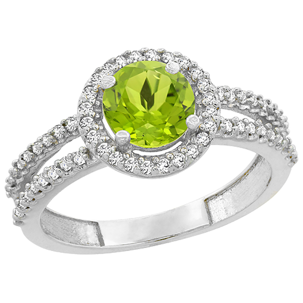 10K White Gold Natural Peridot Diamond Halo Ring Round 6mm, sizes 5 - 10