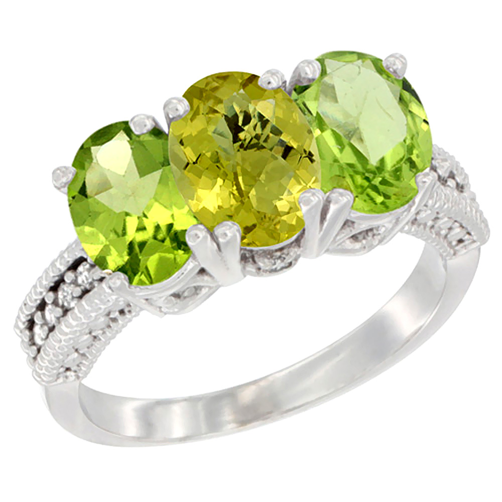 14K White Gold Natural Lemon Quartz &amp; Peridot Sides Ring 3-Stone Oval 7x5 mm Diamond Accent, sizes 5 - 10