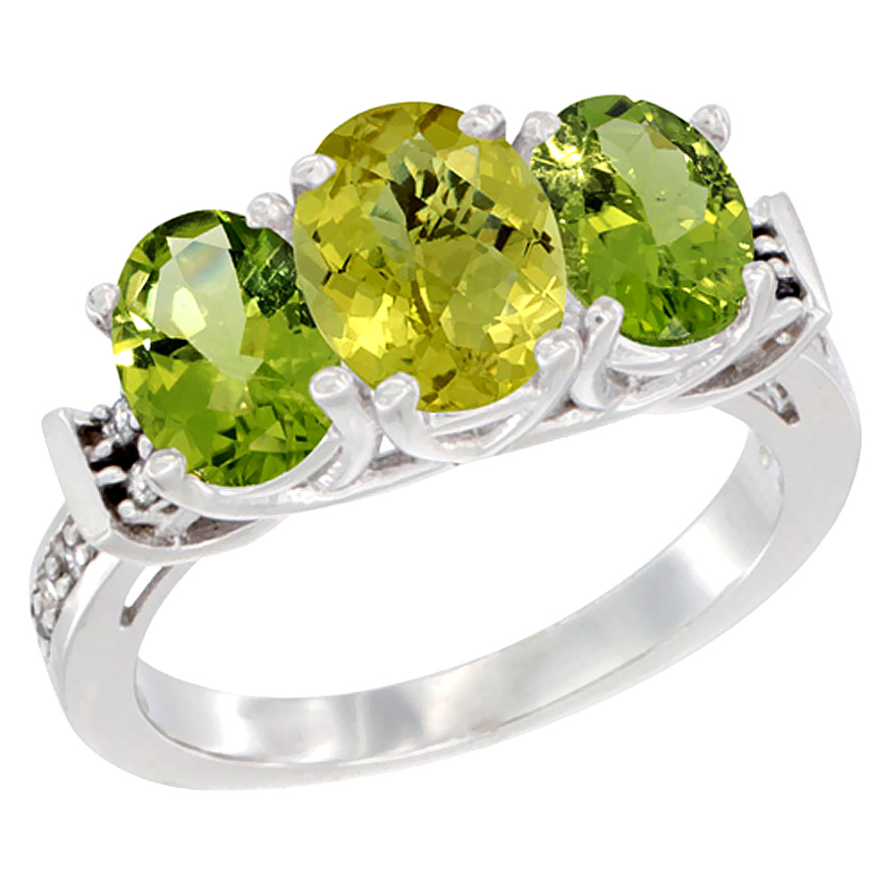 10K White Gold Natural Lemon Quartz &amp; Peridot Sides Ring 3-Stone Oval Diamond Accent, sizes 5 - 10