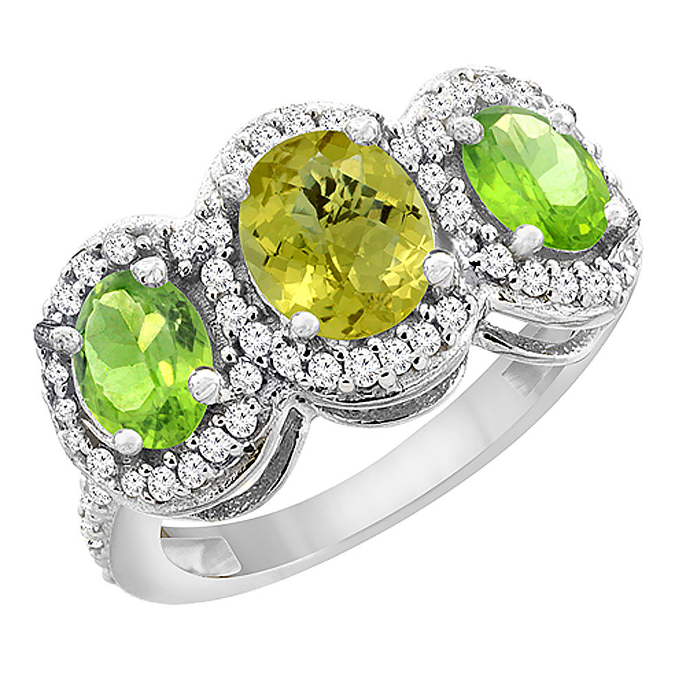 14K White Gold Natural Lemon Quartz & Peridot 3-Stone Ring Oval Diamond Accent, sizes 5 - 10