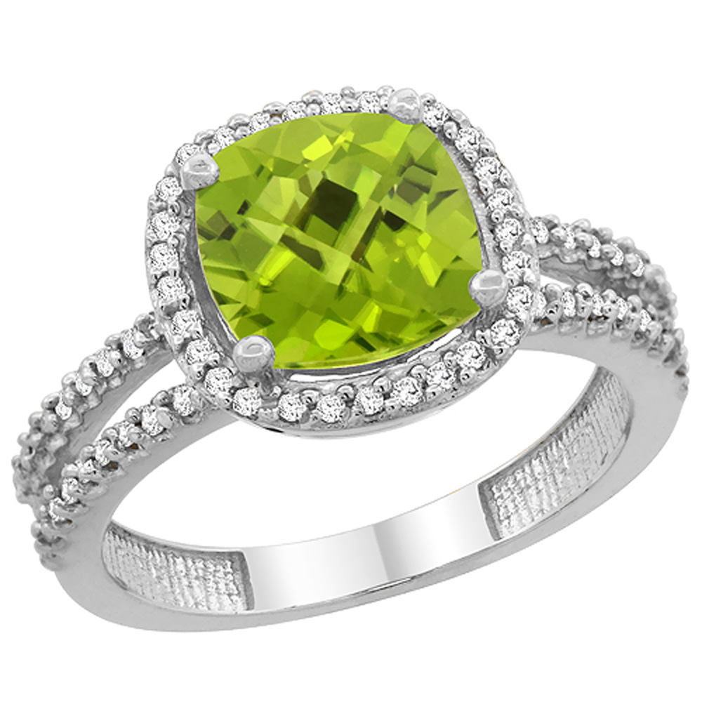 14K White Gold Natural Peridot Ring Cushion-cut 8x8 mm 2-row Diamond Accents, sizes 5 - 10