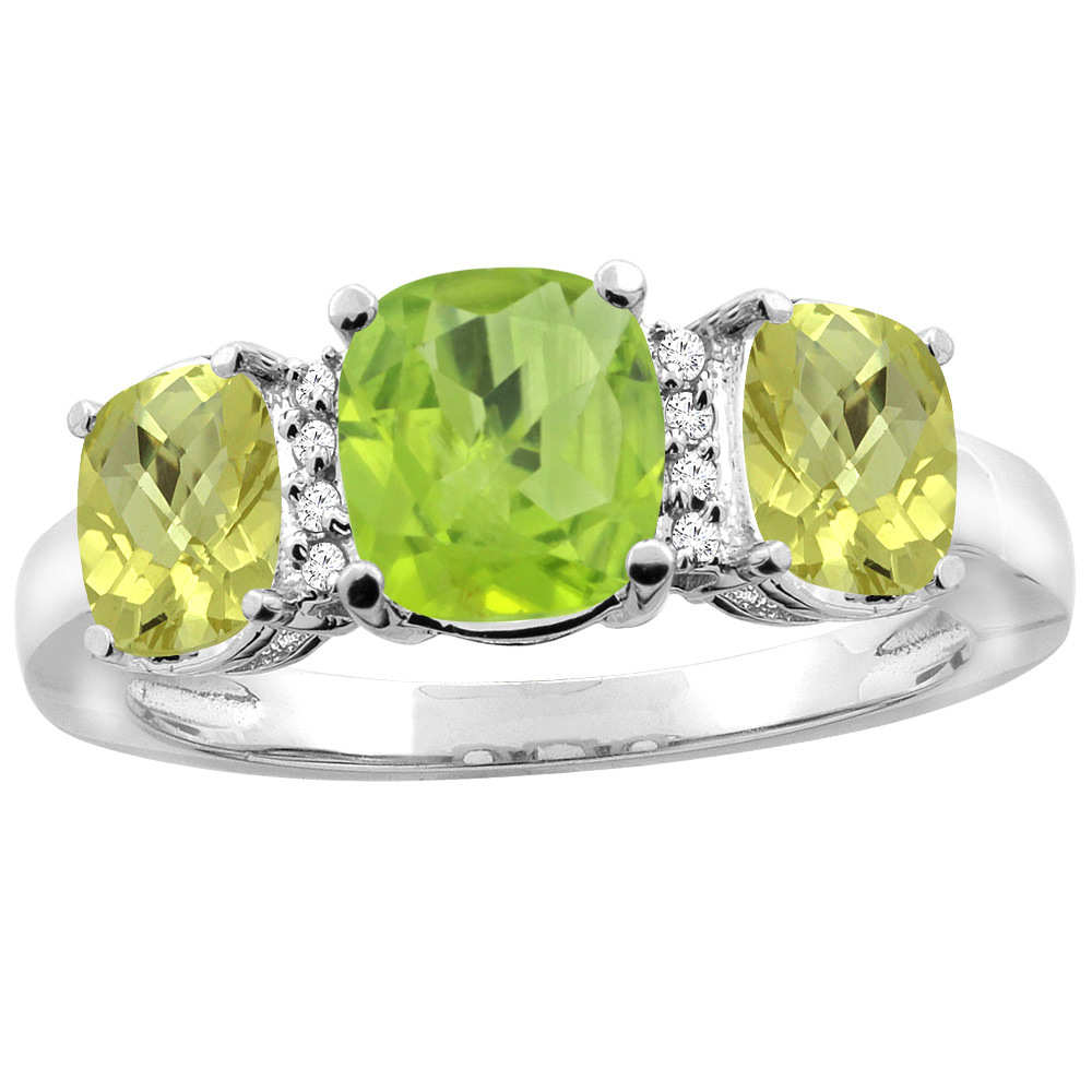 10K Yellow Gold Natural Peridot &amp; Lemon Quartz 3-stone Ring Cushion 8x6mm Diamond Accent, sizes 5 - 10