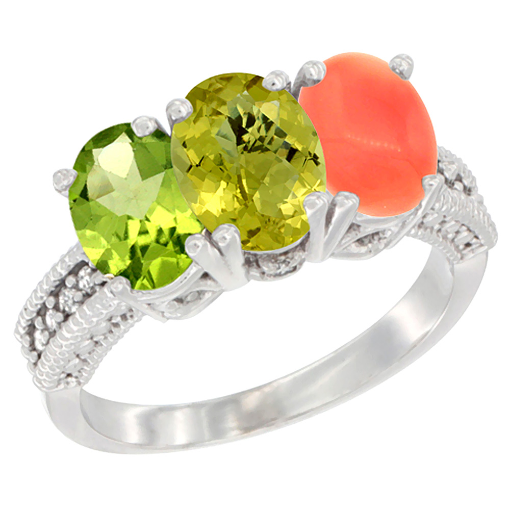 10K White Gold Natural Peridot, Lemon Quartz & Coral Ring 3-Stone Oval 7x5 mm Diamond Accent, sizes 5 - 10