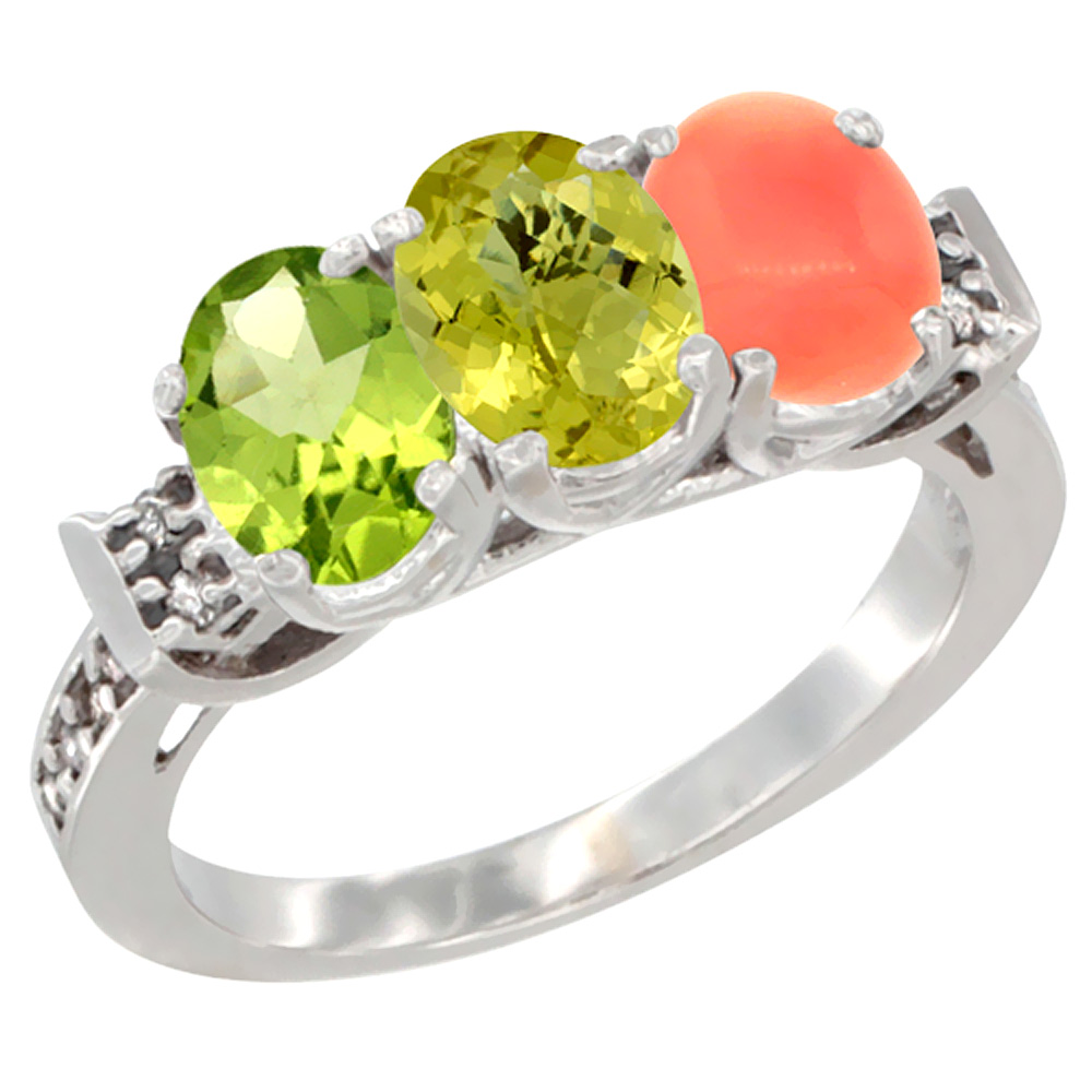 10K White Gold Natural Peridot, Lemon Quartz & Coral Ring 3-Stone Oval 7x5 mm Diamond Accent, sizes 5 - 10