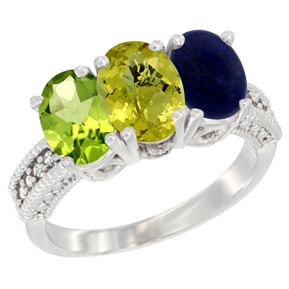 14K White Gold Natural Peridot, Lemon Quartz & Lapis Ring 3-Stone Oval 7x5 mm Diamond Accent, sizes 5 - 10