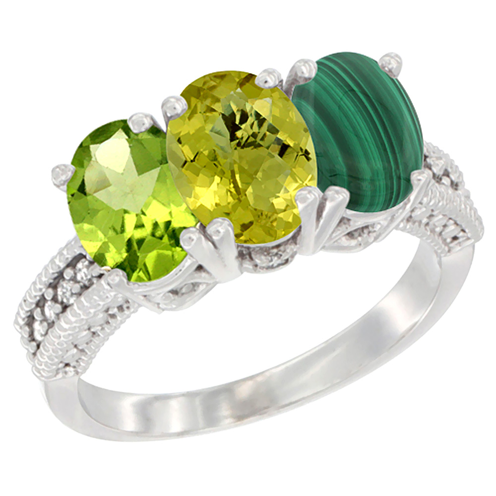 14K White Gold Natural Peridot, Lemon Quartz & Malachite Ring 3-Stone Oval 7x5 mm Diamond Accent, sizes 5 - 10