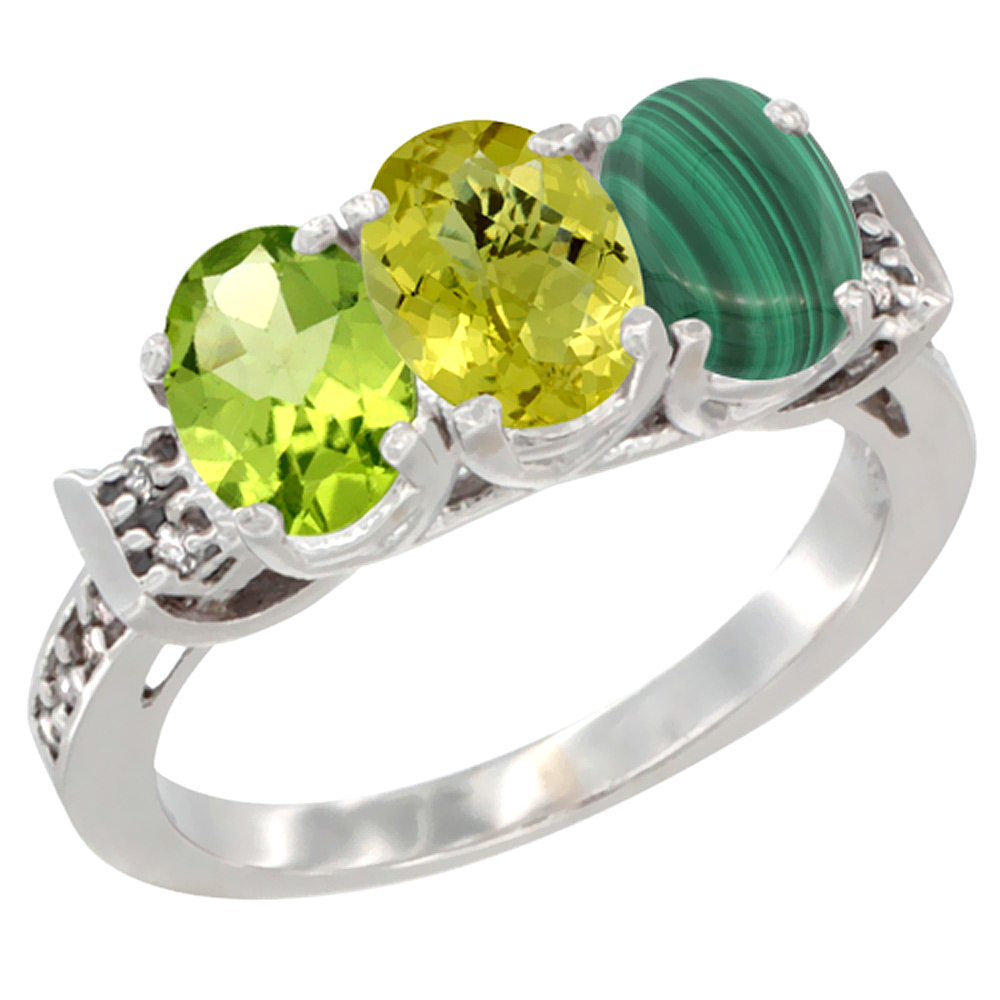 14K White Gold Natural Peridot, Lemon Quartz & Malachite Ring 3-Stone Oval 7x5 mm Diamond Accent, sizes 5 - 10