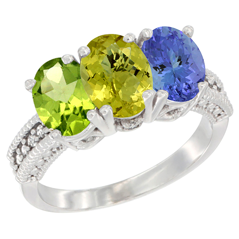 14K White Gold Natural Peridot, Lemon Quartz & Tanzanite Ring 3-Stone Oval 7x5 mm Diamond Accent, sizes 5 - 10