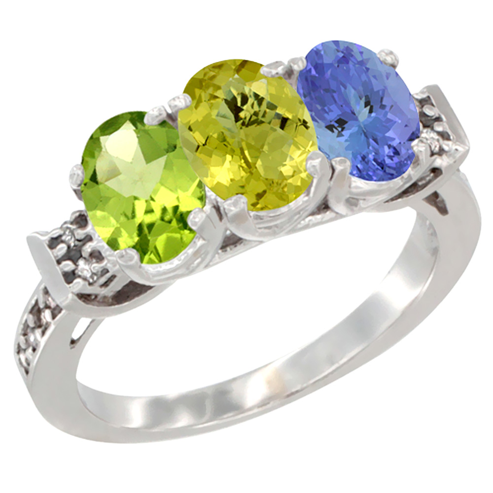 14K White Gold Natural Peridot, Lemon Quartz & Tanzanite Ring 3-Stone Oval 7x5 mm Diamond Accent, sizes 5 - 10