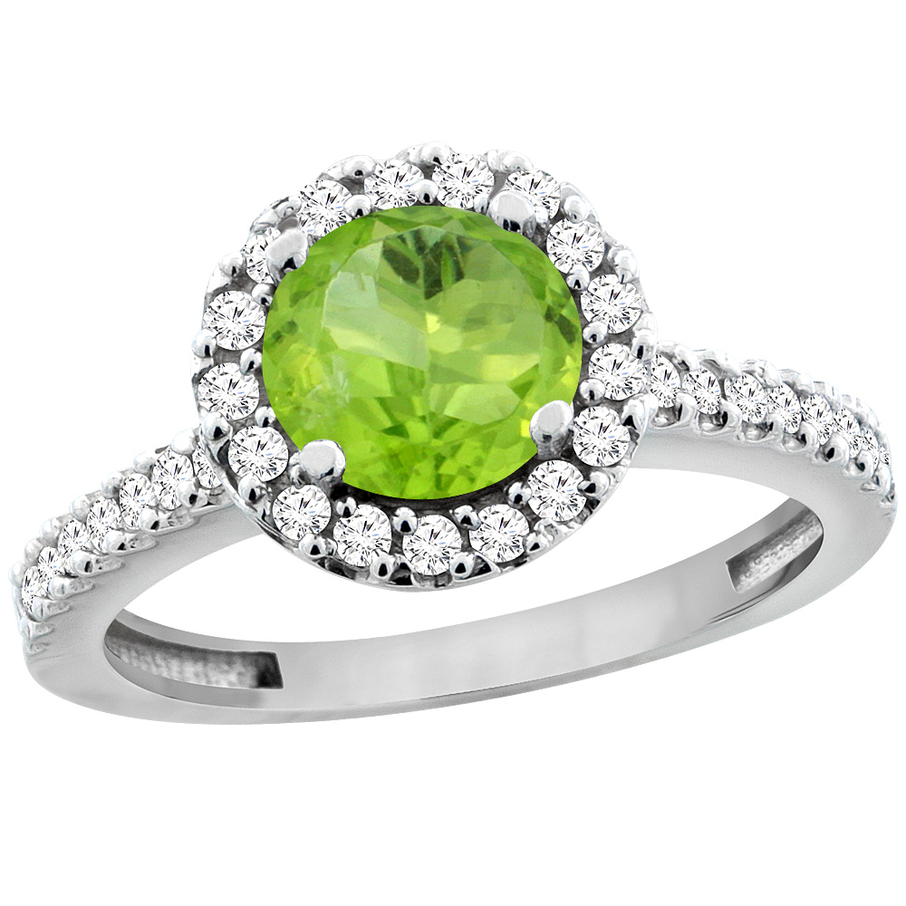 14K White Gold Natural Peridot Ring Round 6mm Floating Halo Diamond, sizes 5 - 10