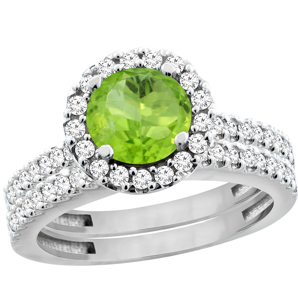 14K White Gold Natural Peridot Round 6mm 2-Piece Engagement Ring Set Floating Halo Diamond, sizes 5 - 10