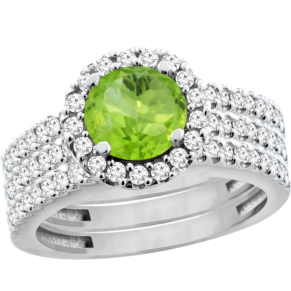 14K White Gold Natural Peridot 3-Piece Bridal Ring Set Round 6mm Halo Diamond, sizes 5 - 10