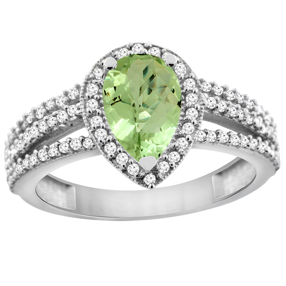 10K White Gold Natural Peridot Ring 9x7 Pear Halo Diamond, sizes 5 - 10