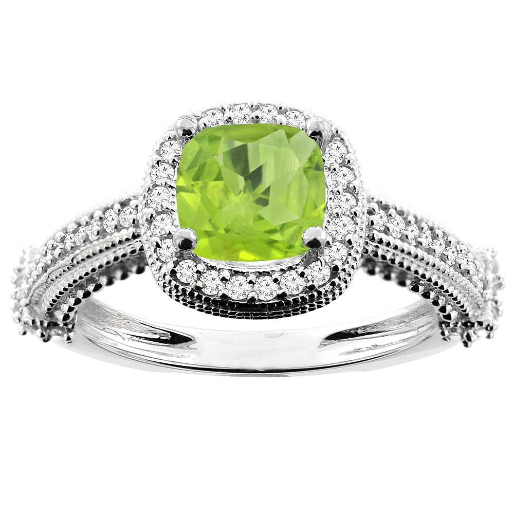 14K White/Yellow/Rose Gold Natural Peridot Ring Cushion 7x7mm Diamond Accent 7/16 inch wide, sizes 5 - 10
