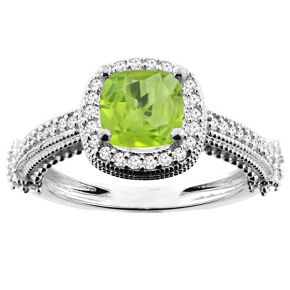 10K White/Yellow/Rose Gold Natural Peridot Ring Cushion 7x7mm Diamond Accent, sizes 5 - 10