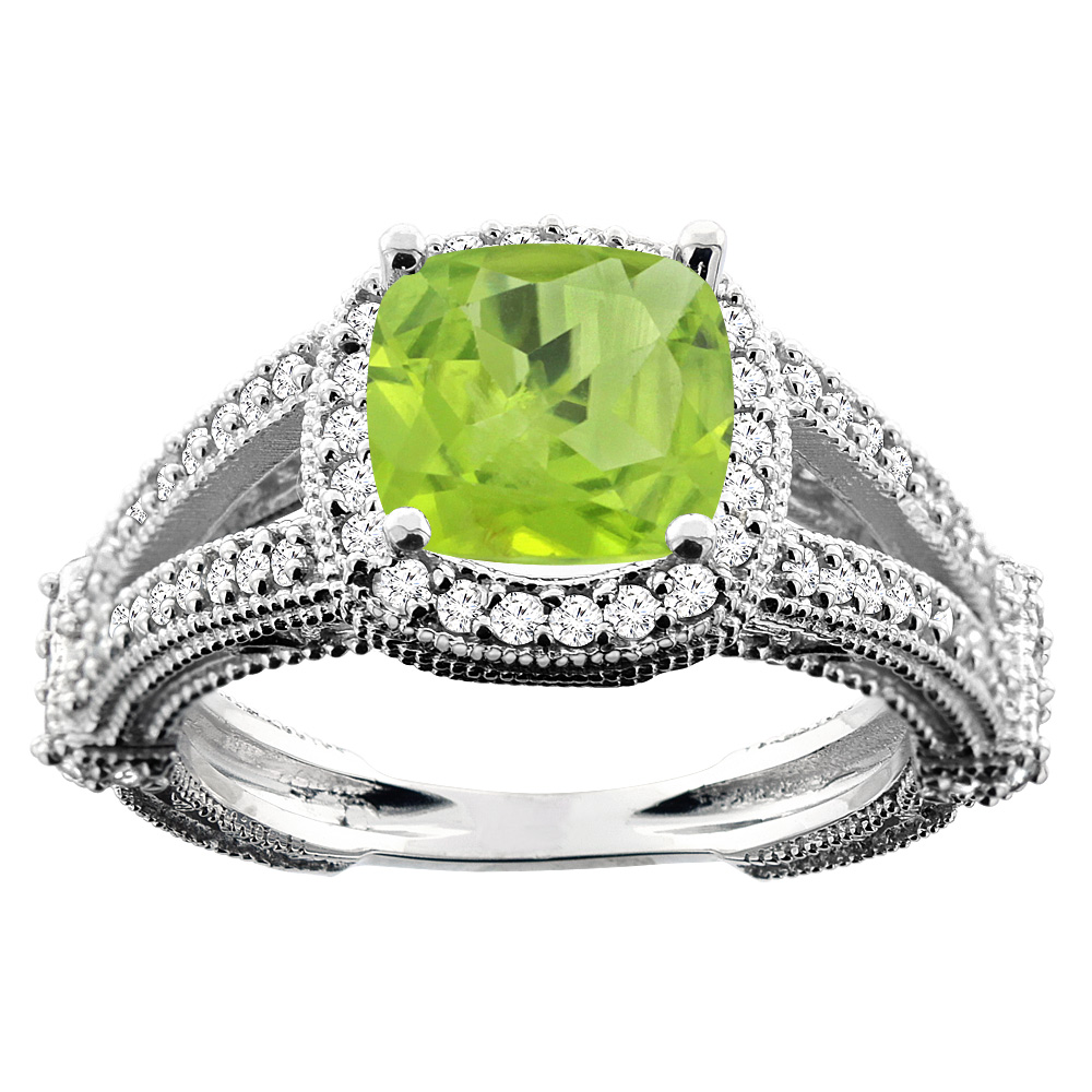 14K White/Yellow/Rose Gold Natural Peridot Cushion 8x8mm Diamond Accent 3/8 inch wide, size 5