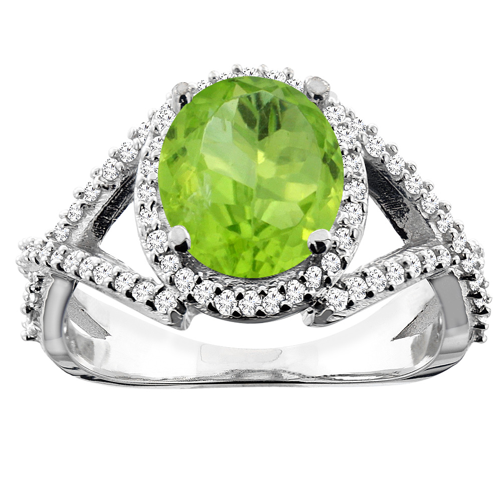 14K Yellow Gold Natural Peridot Ring Oval 9x7mm Diamond Accent, size 5