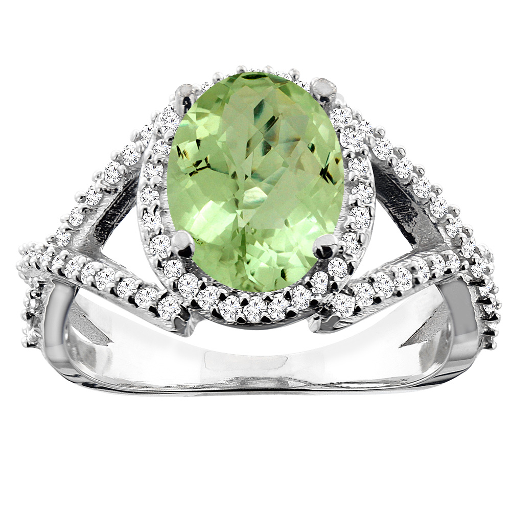 10K White/Yellow/Rose Gold Natural Peridot Ring Oval 10x8mm Diamond Accent, sizes 5 - 10