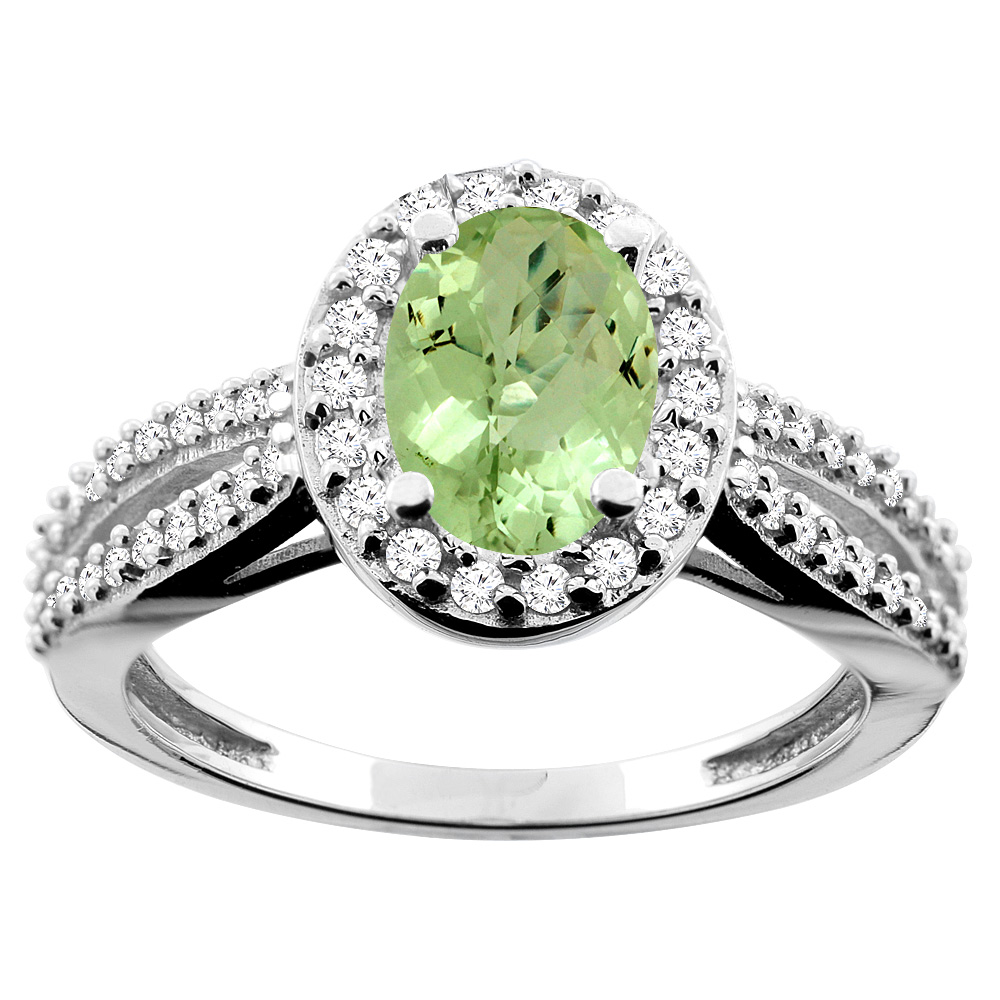 14K White/Yellow/Rose Gold Natural Peridot Ring Oval 8x6mm Diamond Accent, size 5