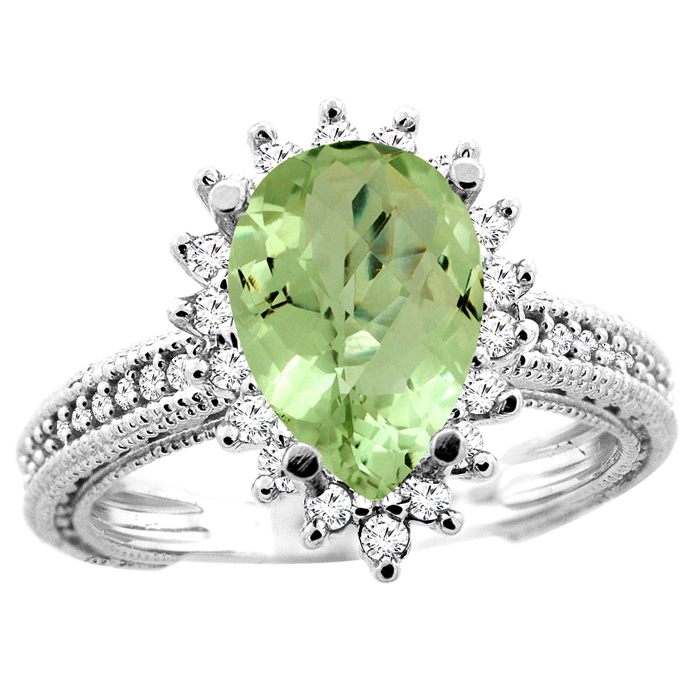 14K White/Yellow/Rose Gold Natural Peridot Ring Pear 12x8mm Diamond Accent, size 5