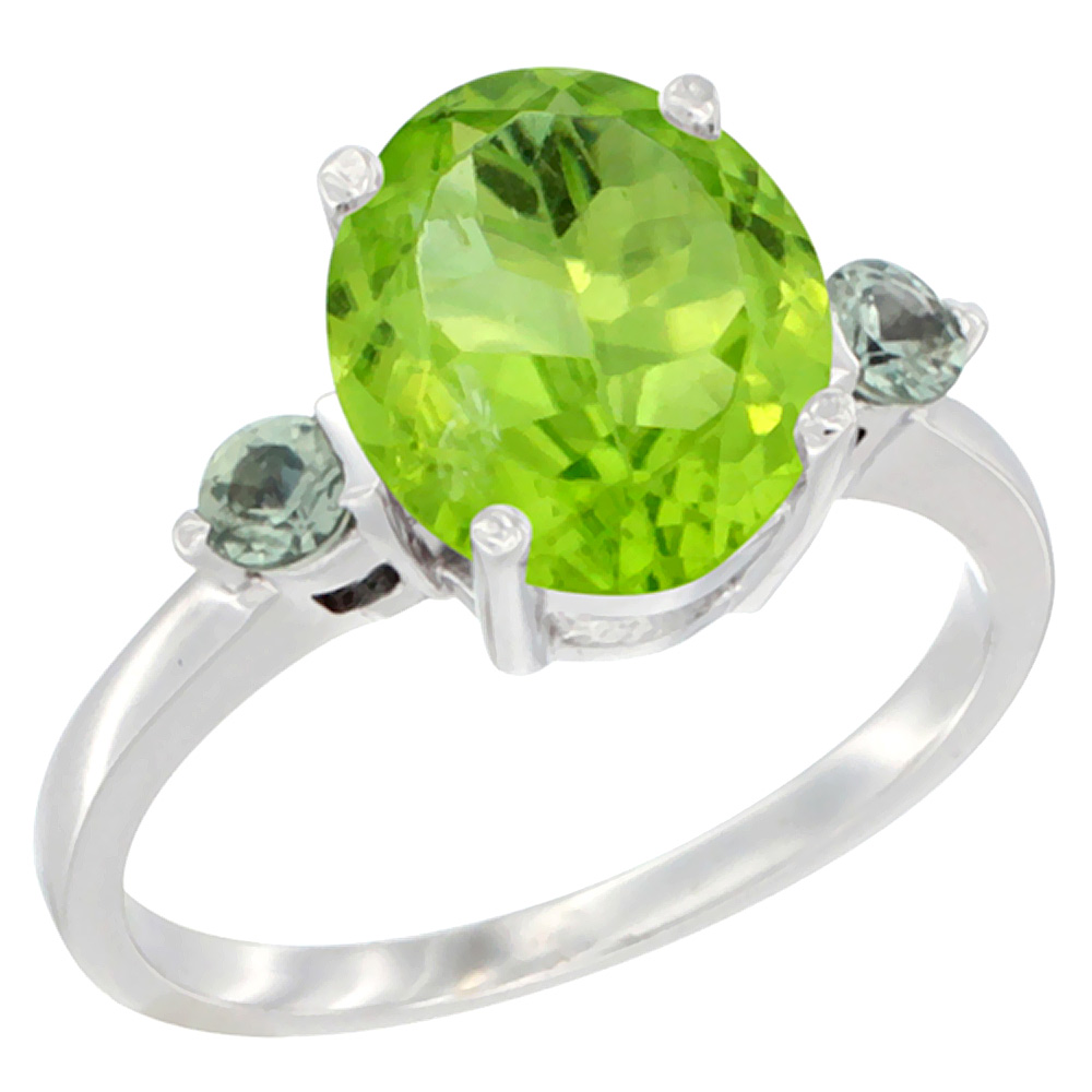 10K White Gold 10x8mm Oval Natural Peridot Ring for Women Green Sapphire Side-stones sizes 5 - 10