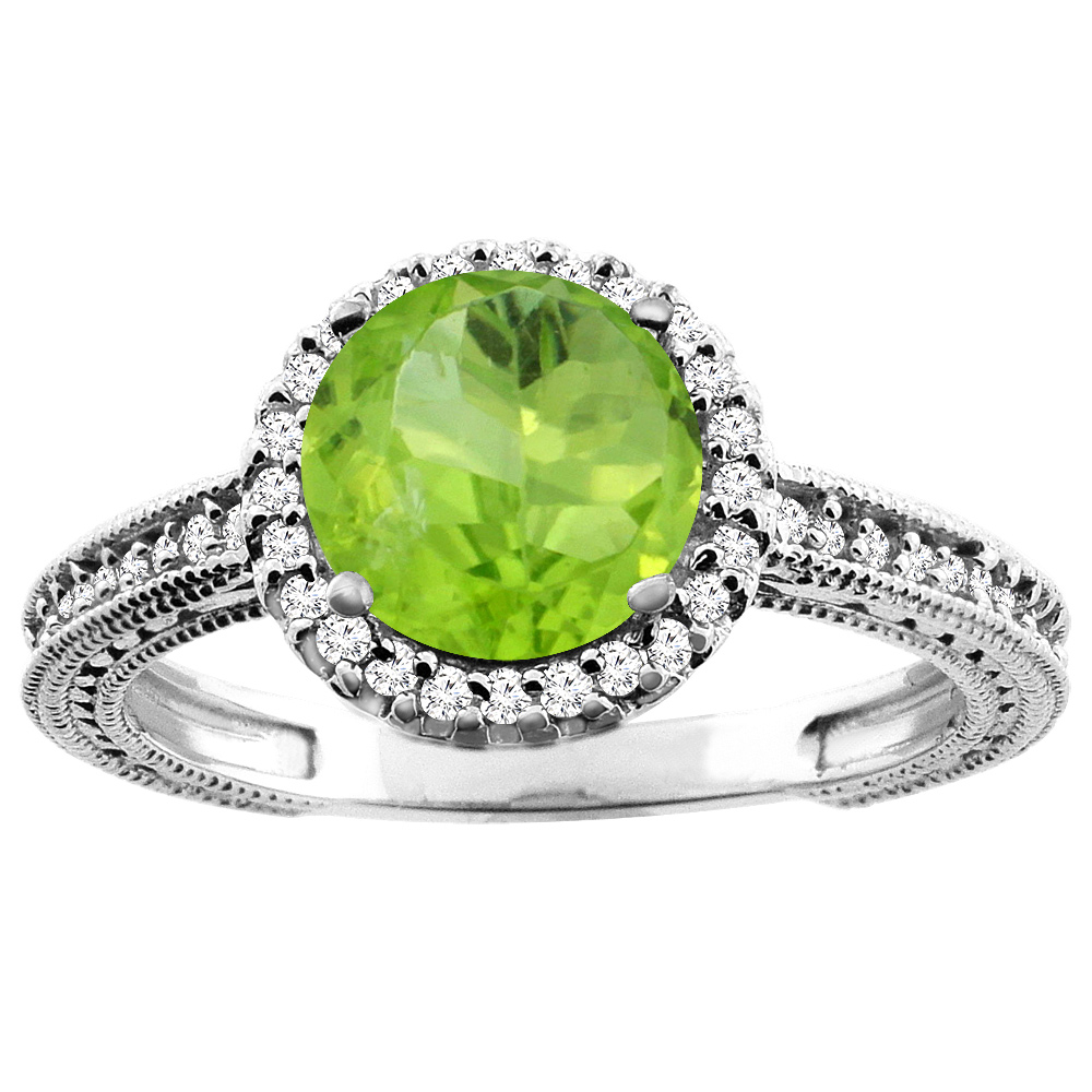 10K White/Yellow/Rose Gold Natural Peridot Ring Round 7mm Diamond Accent, sizes 5 - 10