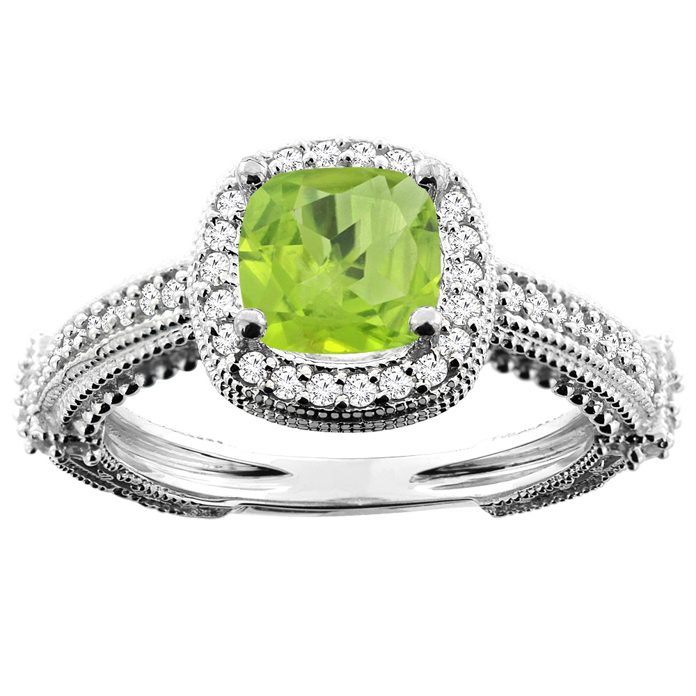 10K White/Yellow/Rose Gold Natural Peridot Ring Cushion 7x7mm Diamond Accent, sizes 5 - 10