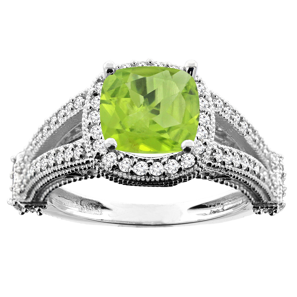 14K White/Yellow/Rose Gold Natural Peridot Split Shank Ring Cushion 7x7mm Diamond Accent, sizes 5 - 10