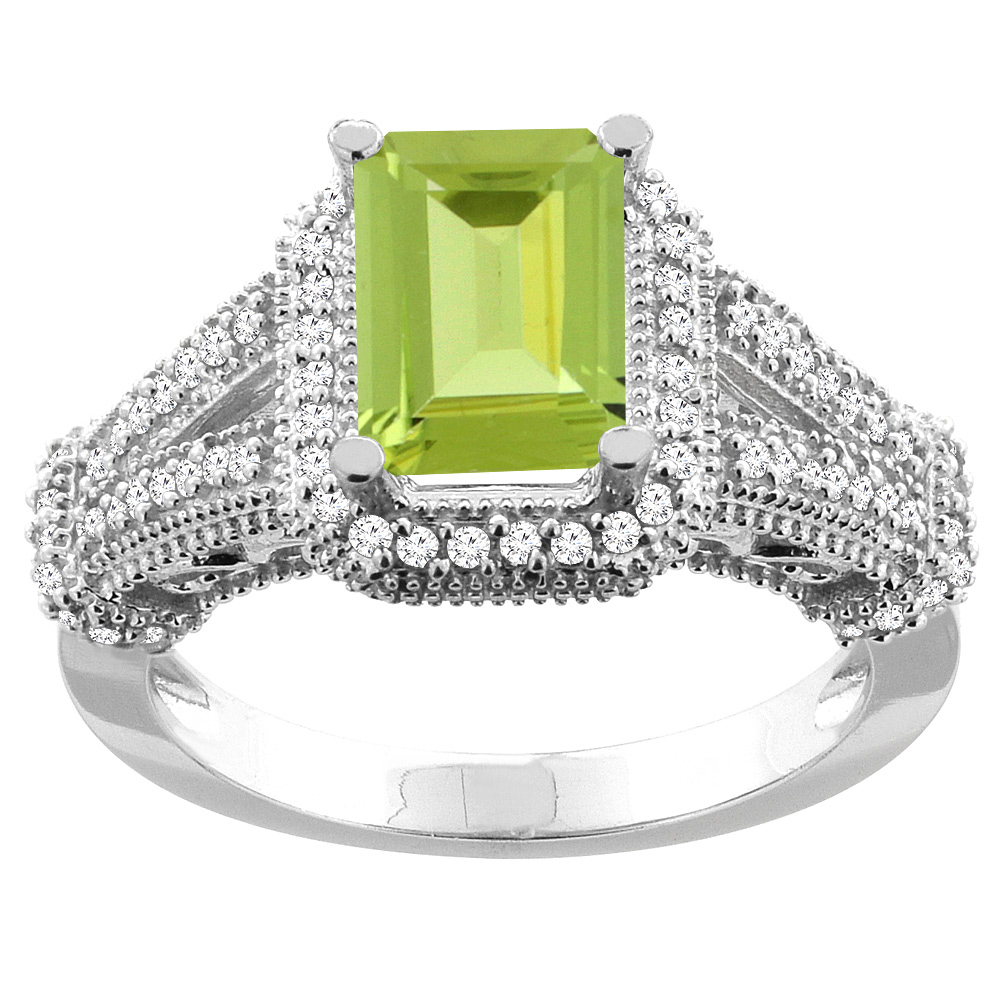 14K White/Yellow/Rose Gold Natural Peridot Ring Octagon 8x6mm Diamond Accent, sizes 5-10