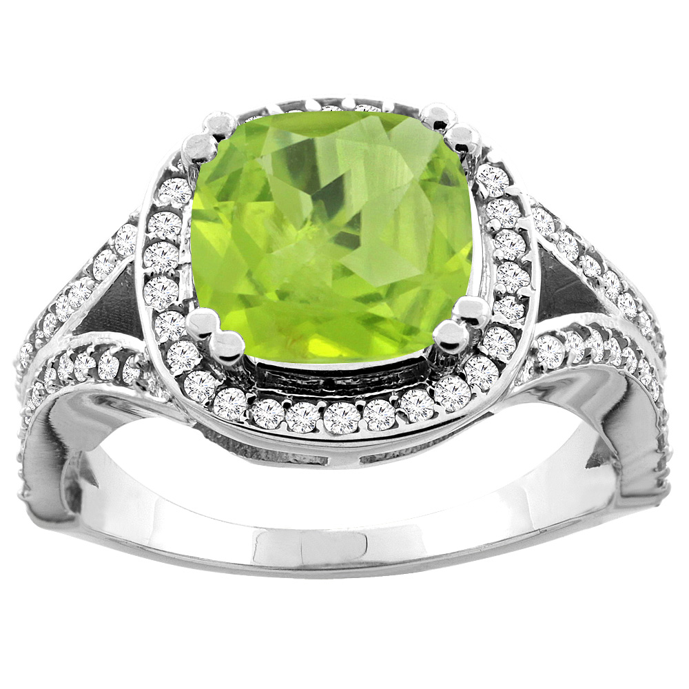 10K White/Yellow Gold Natural Peridot Split Ring Cushion 8x8mm Diamond Accent, sizes 5 - 10