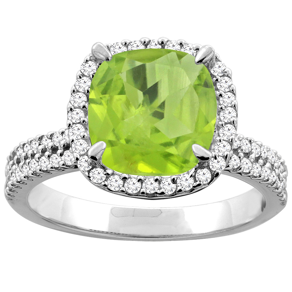 14K Yellow Gold Natural Peridot Halo Ring Cushion 9x9mm Diamond Accent, sizes 5 - 10