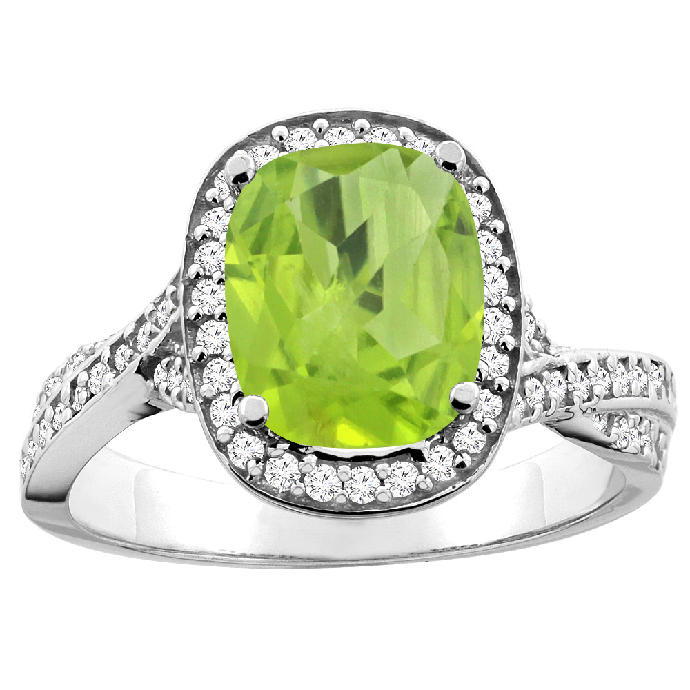 10K White/Yellow Gold Natural Peridot Halo Ring Cushion 9x7mm Diamond Accent, sizes 5 - 10